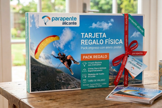 Tarjeta regalo física Estándar de Parapente Alicante con caja regalo, sobre y bono impreso con envío postal